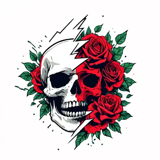 Lightning Bolt breaking a skull in half and crushing it and roses blooming tattoo design idea