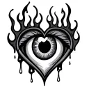 simple flash heart eye surrounded with flames and tears drop tattoo design idea