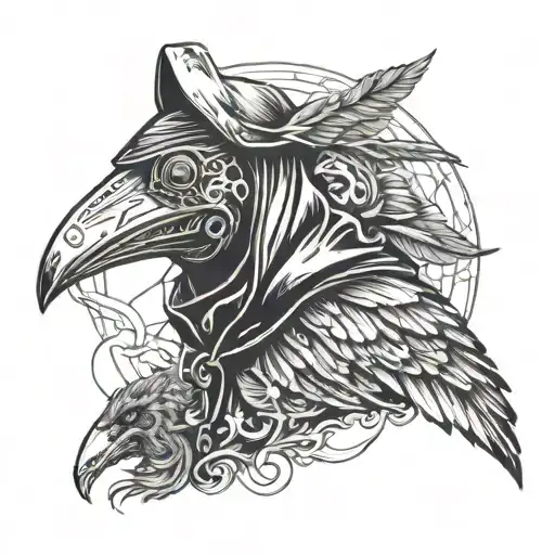 plague doctor with a raven and wolf tattoo design idea