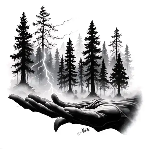 Forest, lightning, fog, transition from forearm to hand, in black and white tattoo design idea