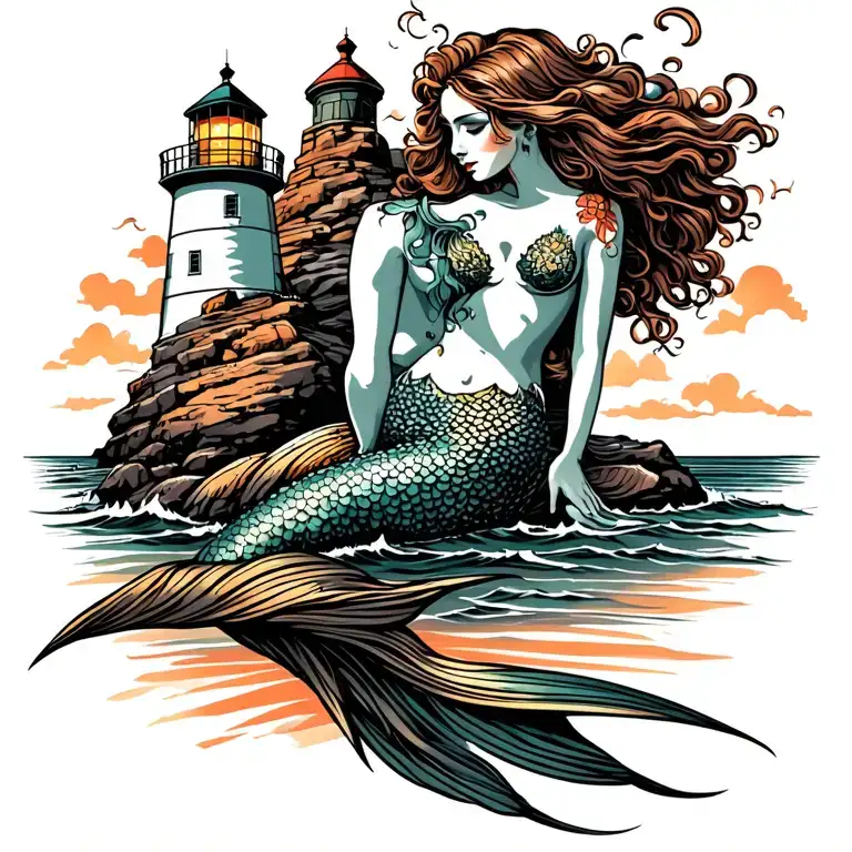  mermaid sitting on a rock and and lighthouse over looking the ocean tattoo design idea