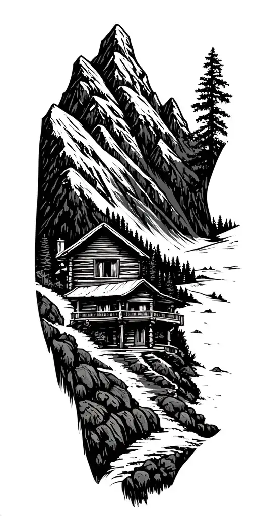 A mountain landscape incorporating a nestled log cabin tattoo design idea