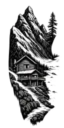 A mountain landscape incorporating a nestled log cabin tattoo design idea
