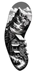 A mountain landscape incorporating a nestled log cabin tattoo design idea