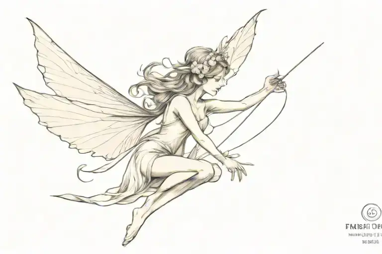 black and white fine line old fairy flying tattoo design idea