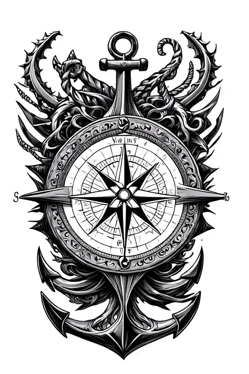An intricate compass rose surrounded by nautical elements like anchors and waves tattoo design idea