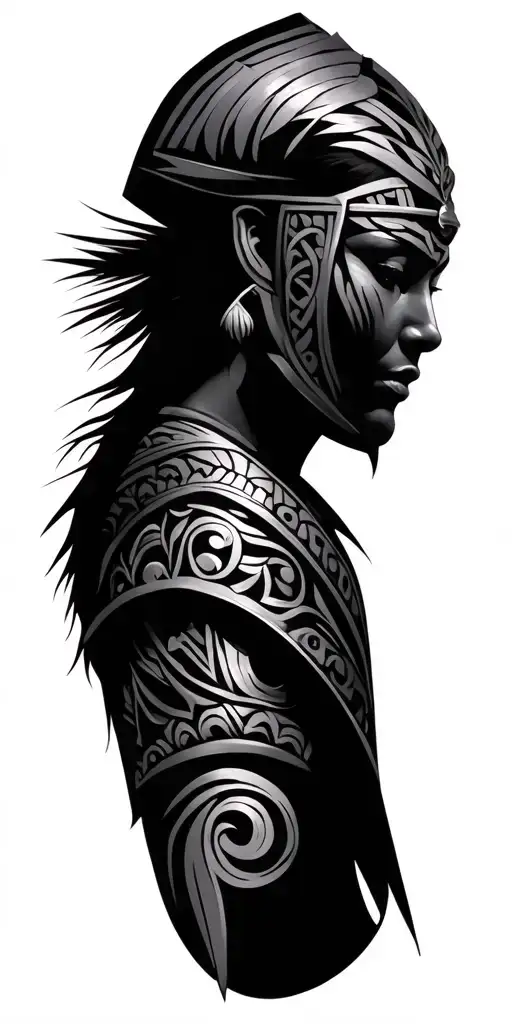 maori tribal mixed with black and grey realism of a knight and stylized female face tattoo design idea