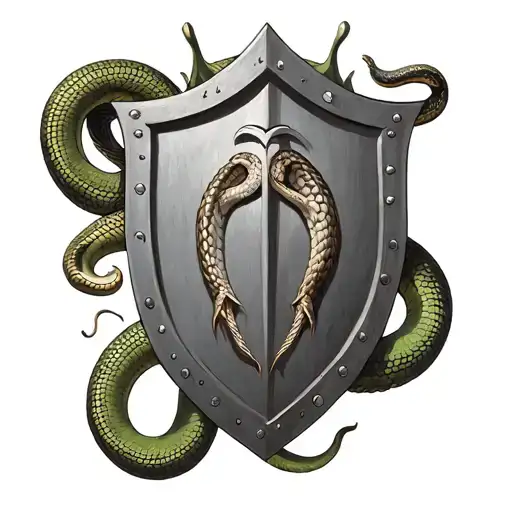 medieival shield with protection symbol and a snake coiled around the shield tattoo design idea