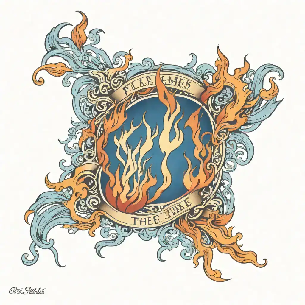 flames with the name of blue ladies at the button or in the middle of the flame tattoo design idea