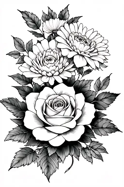 rose, marigold, aster tattoo design idea