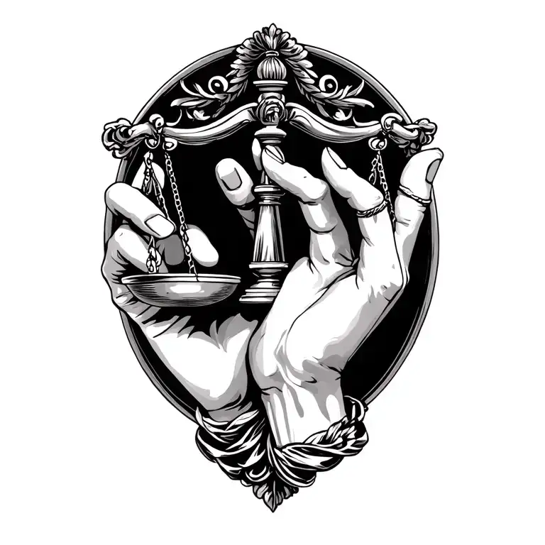 hand of lady of justice holding scale of justice intertwined tattoo design idea