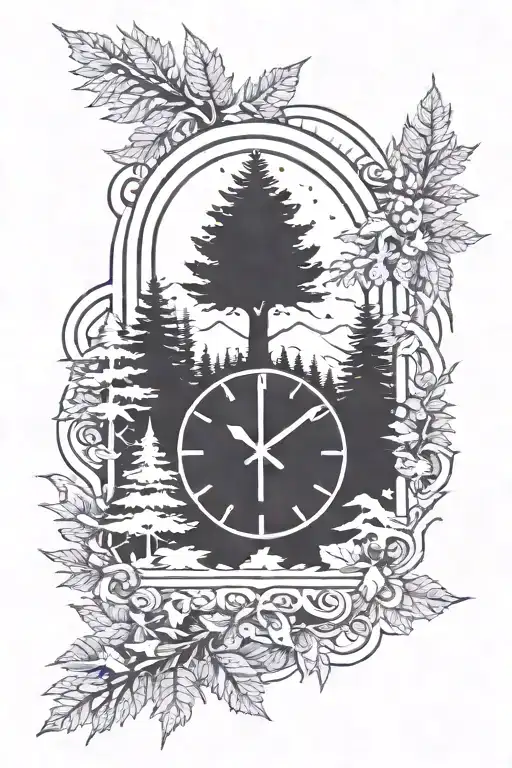 clock showing time 9:09 surrounded by evergreen trees tattoo design idea