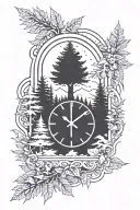 clock showing time 9:09 surrounded by evergreen trees tattoo design idea