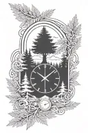 clock showing time 9:09 surrounded by evergreen trees tattoo design idea