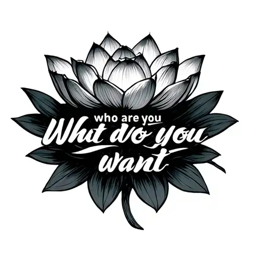 white lotus piece from avatar with curved text on top "who are you" and under it "what do you want" tattoo design idea