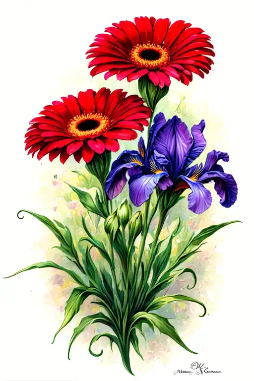 red gerbera daisy intertwined with purple iris flower, side by side, stems swirl down tattoo design idea