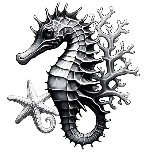 seahorse coral starfish tattoo design idea
