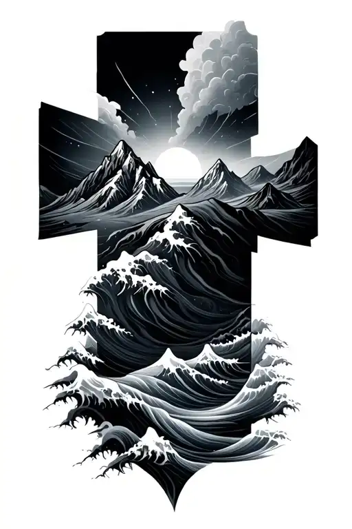 cross with mountains and waves inside it  tattoo design idea
