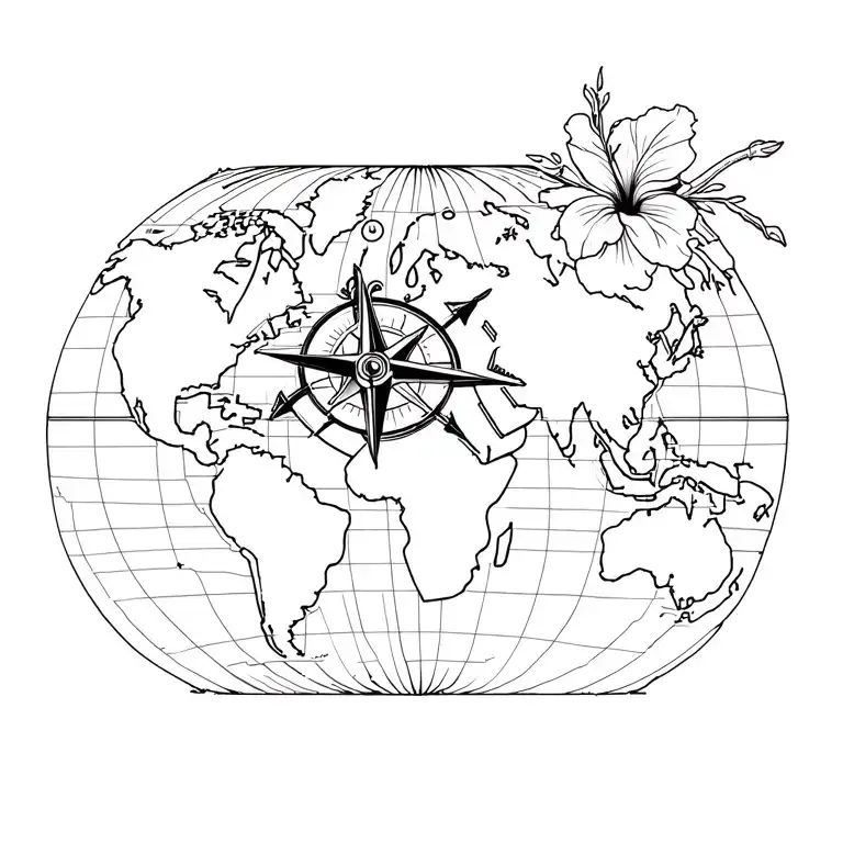 a map of the new world with a sextant, compass, branch of hibiscus flowers, and astrolabe sitting on top of the map. tattoo design idea