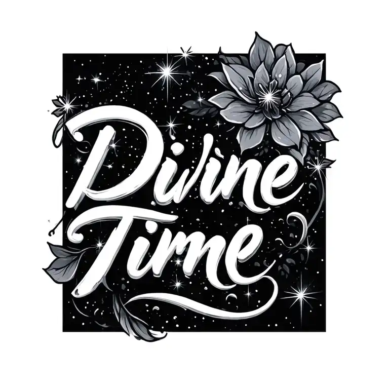 simple script "Divine Time" with sparkles scattered tattoo design idea