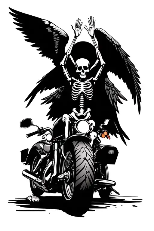 skeleton with wings up on Harley Davidson and arms up horizontally tattoo design idea