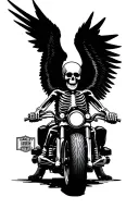 skeleton with wings up on Harley Davidson and arms up horizontally tattoo design idea