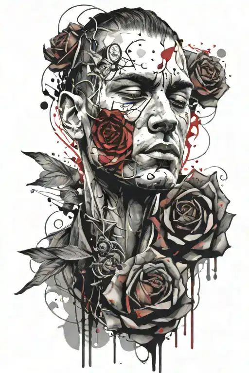 elegant mans face surrounded by roses tattoo design idea