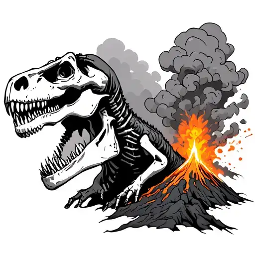 Trex skeleton with volcano explosion with clouds tattoo design idea