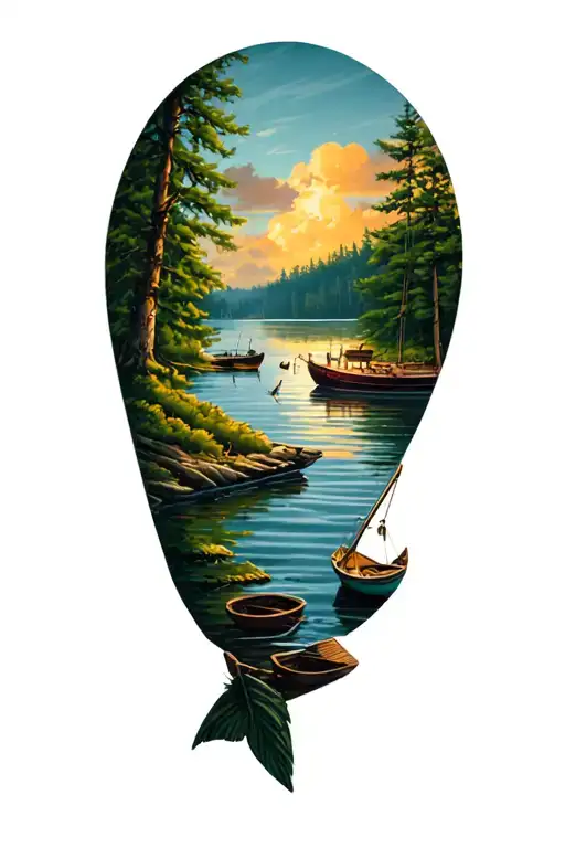 Maine woods and harbor fishing and camping scene tattoo design idea
