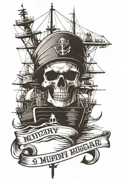 container ship with stacks of containers with a skull and anchor below and with text below that says "mutiny" tattoo design idea