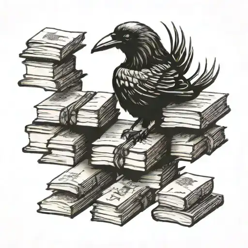 A crow flying through a labyrinth made of books floating tattoo design idea