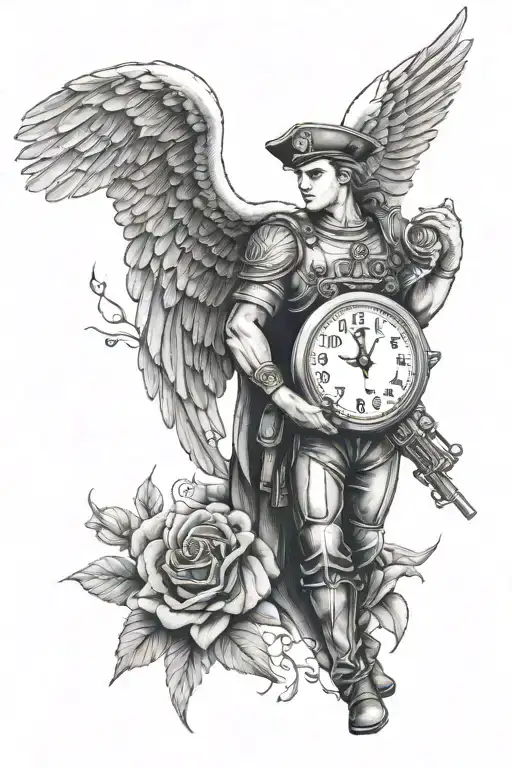 memorial for police officer with st. michael archangel and thin blue line and pocket watch for arm sleeve  tattoo design idea