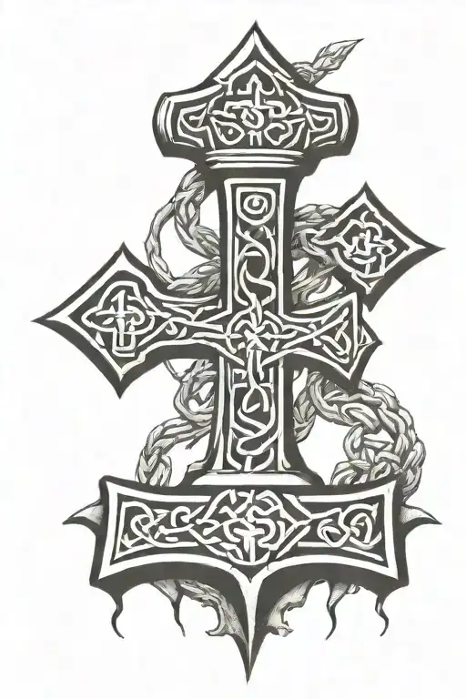 Thor's hammer with Celtic cross intertwined tattoo design idea