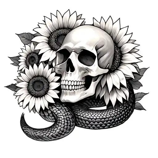 skulls sunflowers and snake tattoo design idea