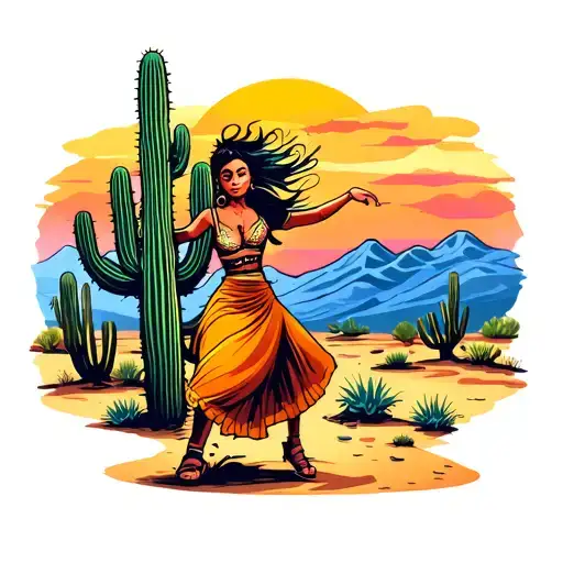desert dancer with cactus and sunset scene tattoo design idea
