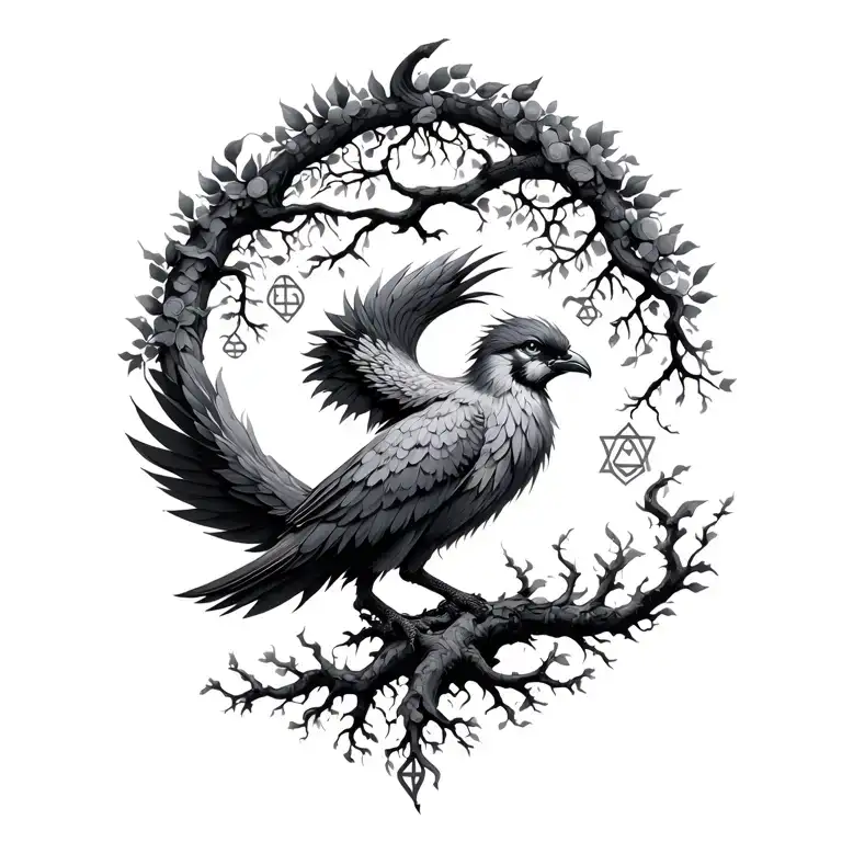 fenix bird and kabbalah tree tattoo design idea