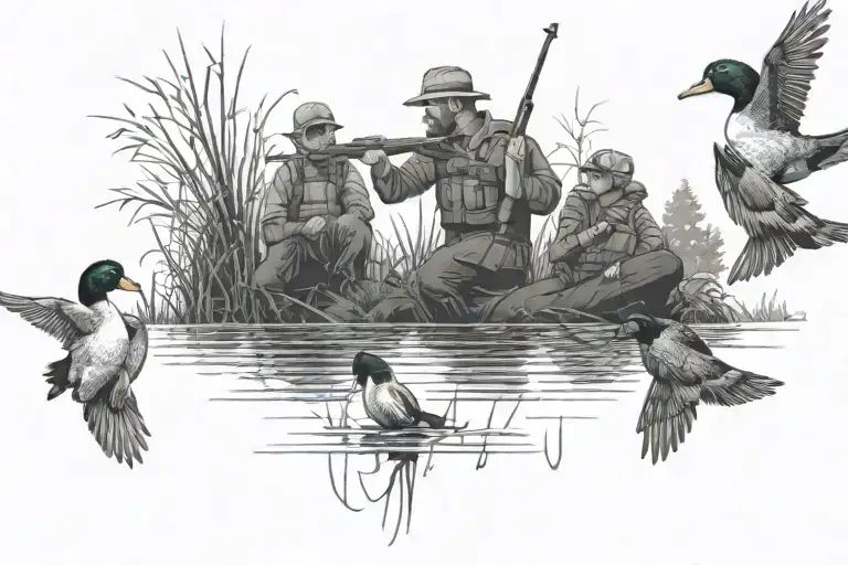 fathers and son duck hunting scene tattoo design idea