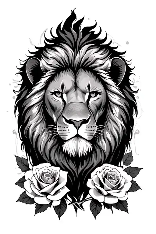 lion with a scar with roses in the background black and white tattoo design idea