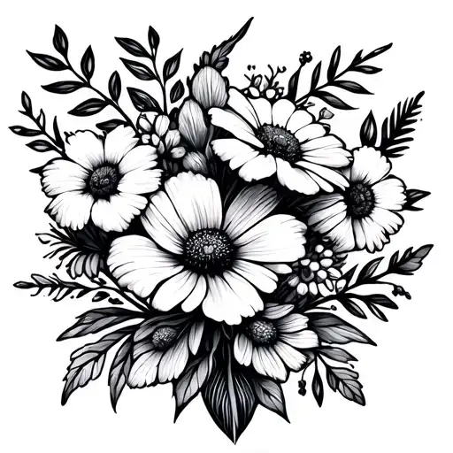 fine line black bouquet of 1 september birth flower, 2 august birth flowers, and 2 may birth flowers. on the wrist  tattoo design idea