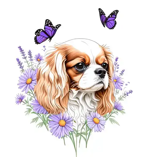cavalier king charles spaniel in lavender and daisies with butterflies tattoo design idea