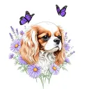 cavalier king charles spaniel in lavender and daisies with butterflies tattoo design idea