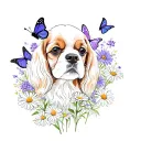cavalier king charles spaniel in lavender and daisies with butterflies tattoo design idea