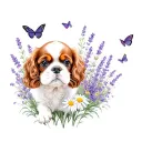 cavalier king charles spaniel in lavender and daisies with butterflies tattoo design idea