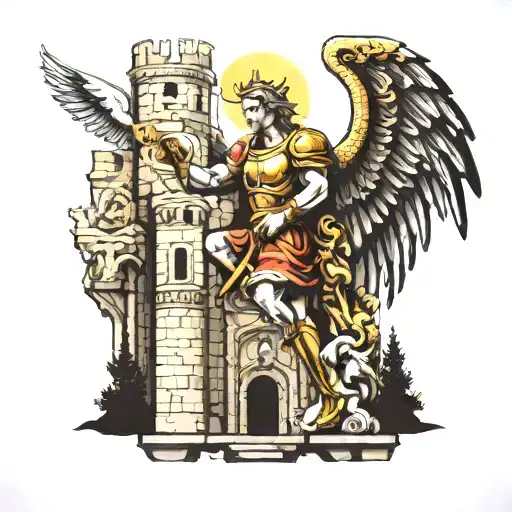 saint michael arc angel in a castle with julius caesar and horse  tattoo design idea