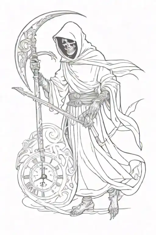 grim reaper full body holding scythe with clocks side by side tattoo design idea