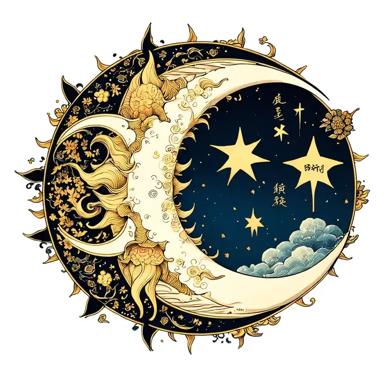 sun moon and star with names intertwined tattoo design idea