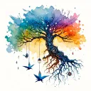 The tree roots are made of steampunk pipes, and suspended in the transparent observation window are: broken chains (rust + sapphire inlays), mechanical origami cranes (copper skeleton + Japanese paper wings), tungsten lamp debris (glass fragments refracting rainbows) tattoo design idea