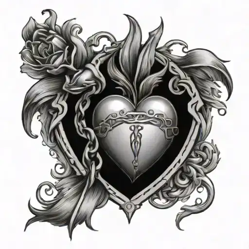 sacred heart traditional look no crown and words saying " edit the sad part text around the heart  tattoo design idea