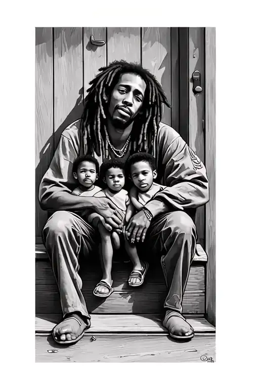 Bob Marley 3 Little Birdsitting on a doorstep for Mother and 3 sons tattoo design idea