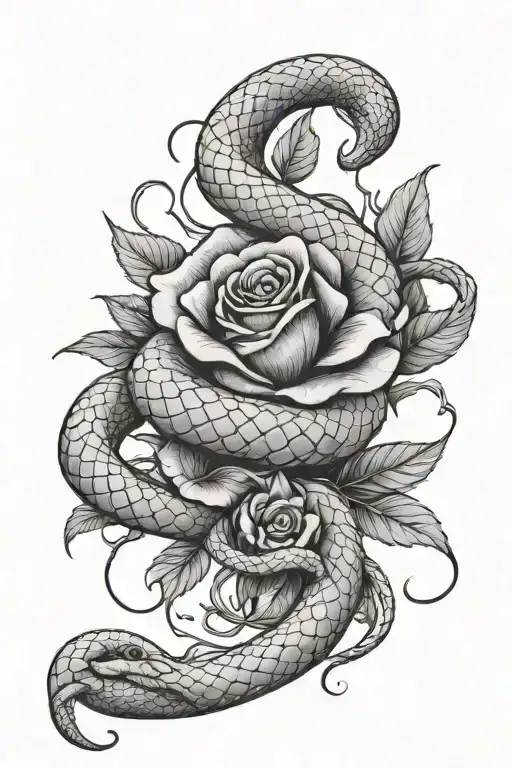 The artwork features an intricate black-and-white drawing of a snake intertwined with a blooming rose plant. The style a tattoo design idea